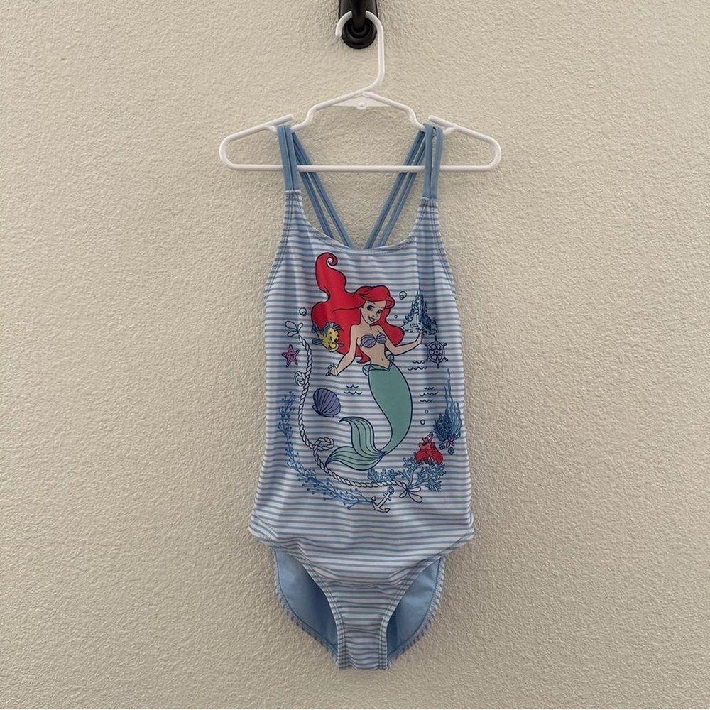 Disney Swimsuit Girls 7/8 Blue White Ariel The Little Mermaid Striped One Piece